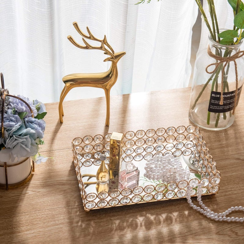 Feyarl 10 Inch Crystal Cosmetic Perfume Tray Vanity Makeup Jewelry Trinket Organizer Mirrored Decorative Tray Storage Home Deco Wedding Dresser Birthday Gift (Gold) - Image 5